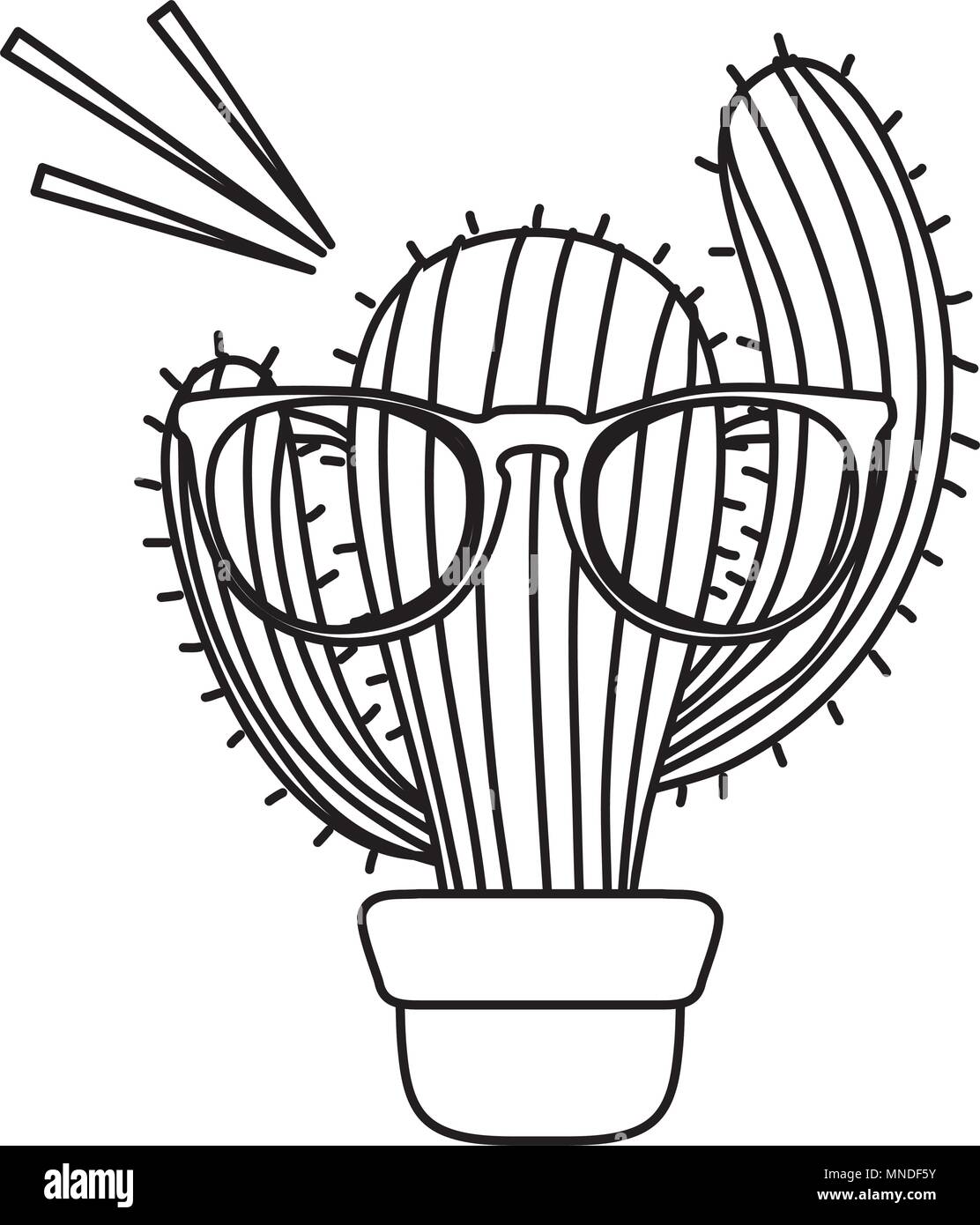 line kawaii cactus plant inside flowerpot with glasses Stock Vector