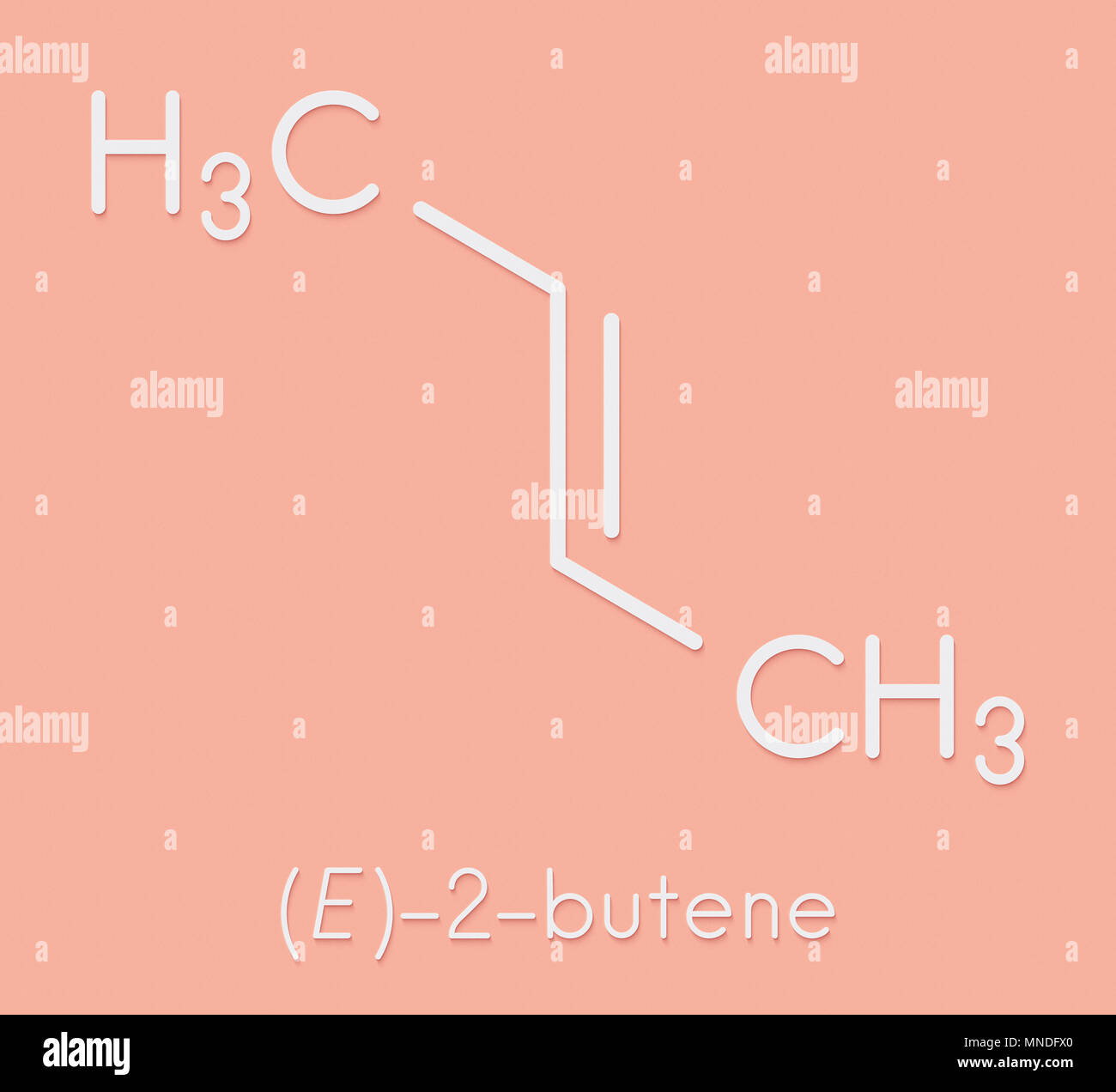 2butene (trans, Eform) molecule. Common petrochemical. Skeletal