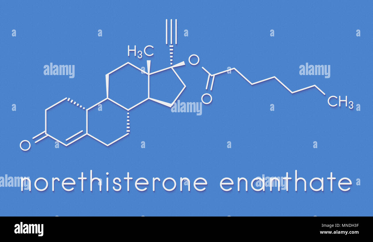 Norethisterone enanthate (norethindrone aenanthate) injectable contraceptive drug molecule. Skeletal formula. Stock Photo