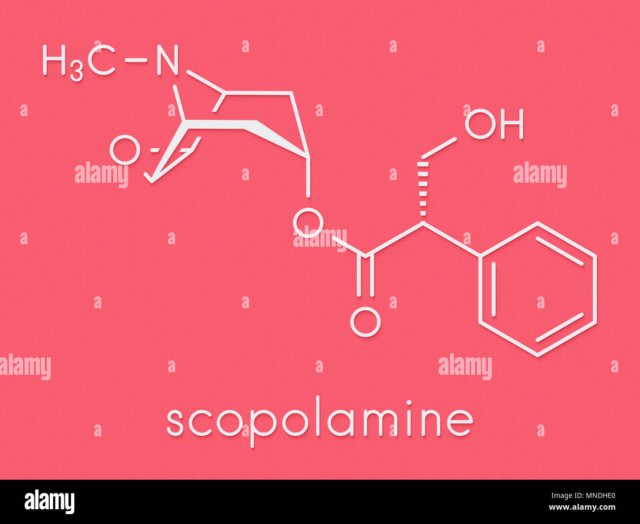 Scopolamine (hyoscine) anticholinergic drug molecule. Used in treatment