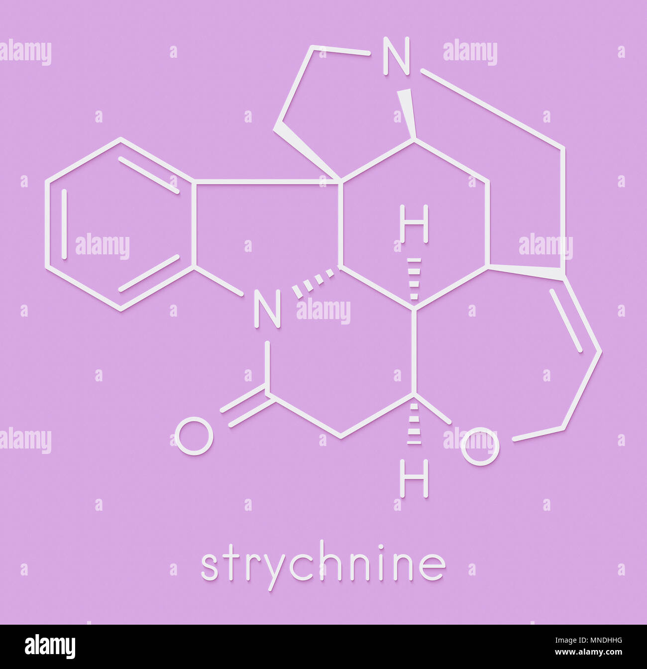 Strychnine poisonous alkaloid molecule. Isolated from Strychnos nux-vomica tree. Skeletal formula. Stock Photo