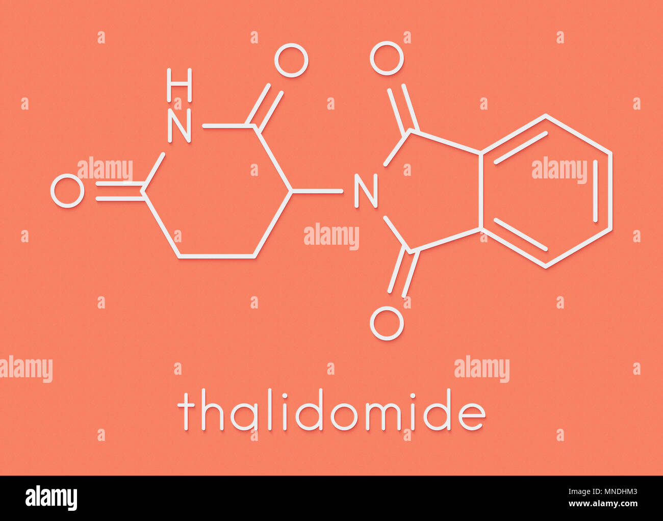 Thalidomide teratogenic drug molecule. Initially used as antiemetic to treat morning sickness in pregnant women but found to cause serious birth defec Stock Photo