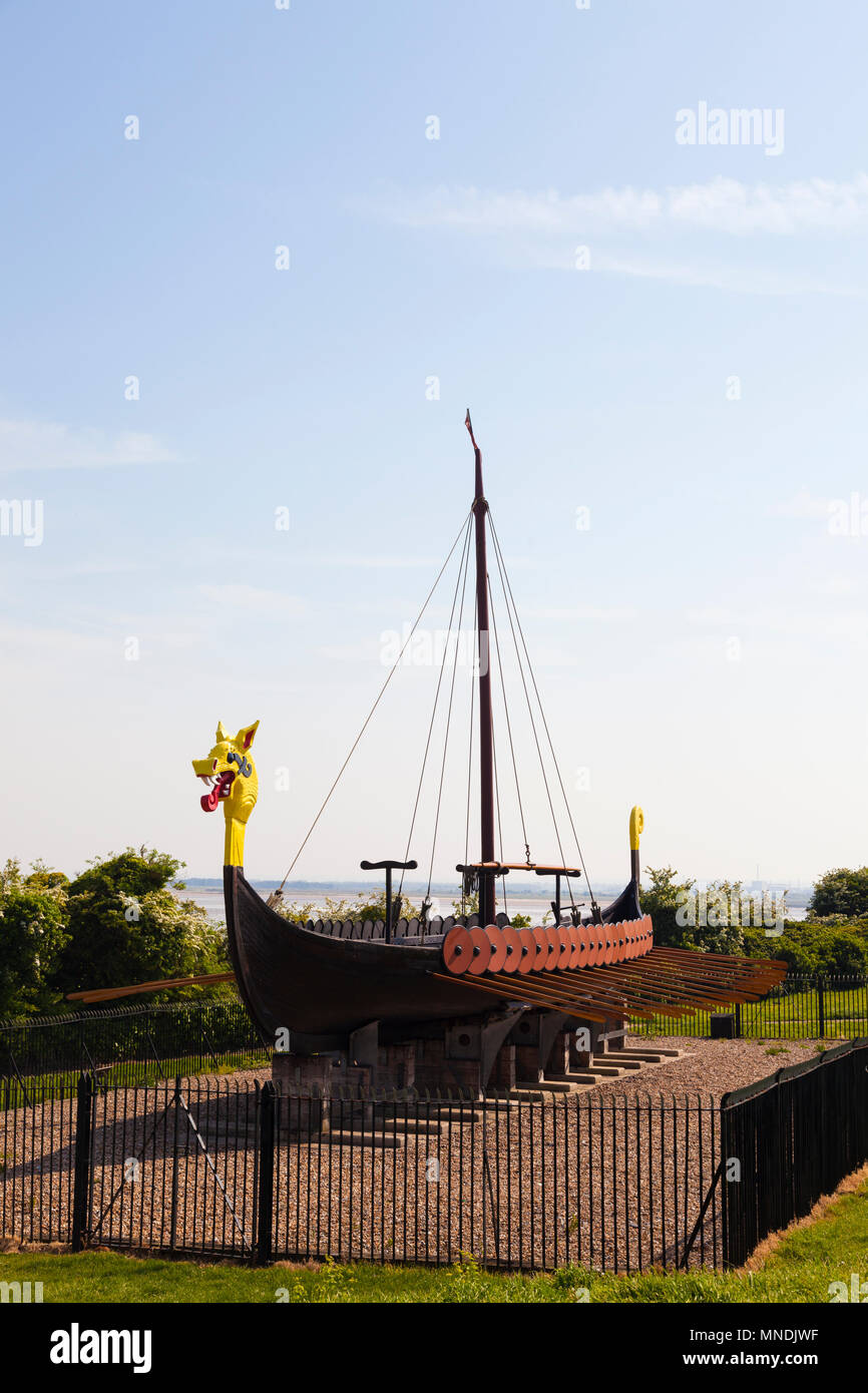 The Hugin, a replica of a Viking long ship at Cliffsend, Pegwell Bay, near Ramsgate, Kent, UK Stock Photo