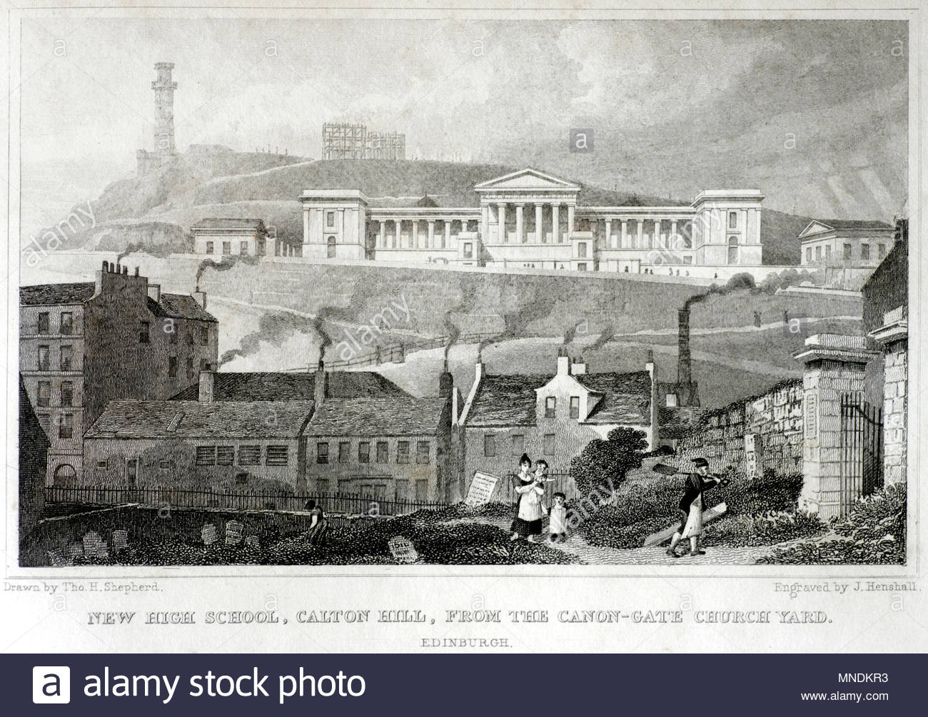 New High School, Calton Hill, from the Canongate Church Yard, Edinburgh, antique engraving from 1829 Stock Photo
