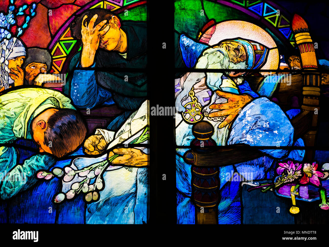 Detail of art nouveau stained glass window by Alfons Mucha, St. Vitus Cathedral, Prague castle, Czech Republic - Death of St. Methodius Stock Photo