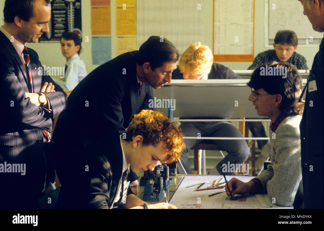 Prince Charles talking to school college students in 1986 Stock Photo