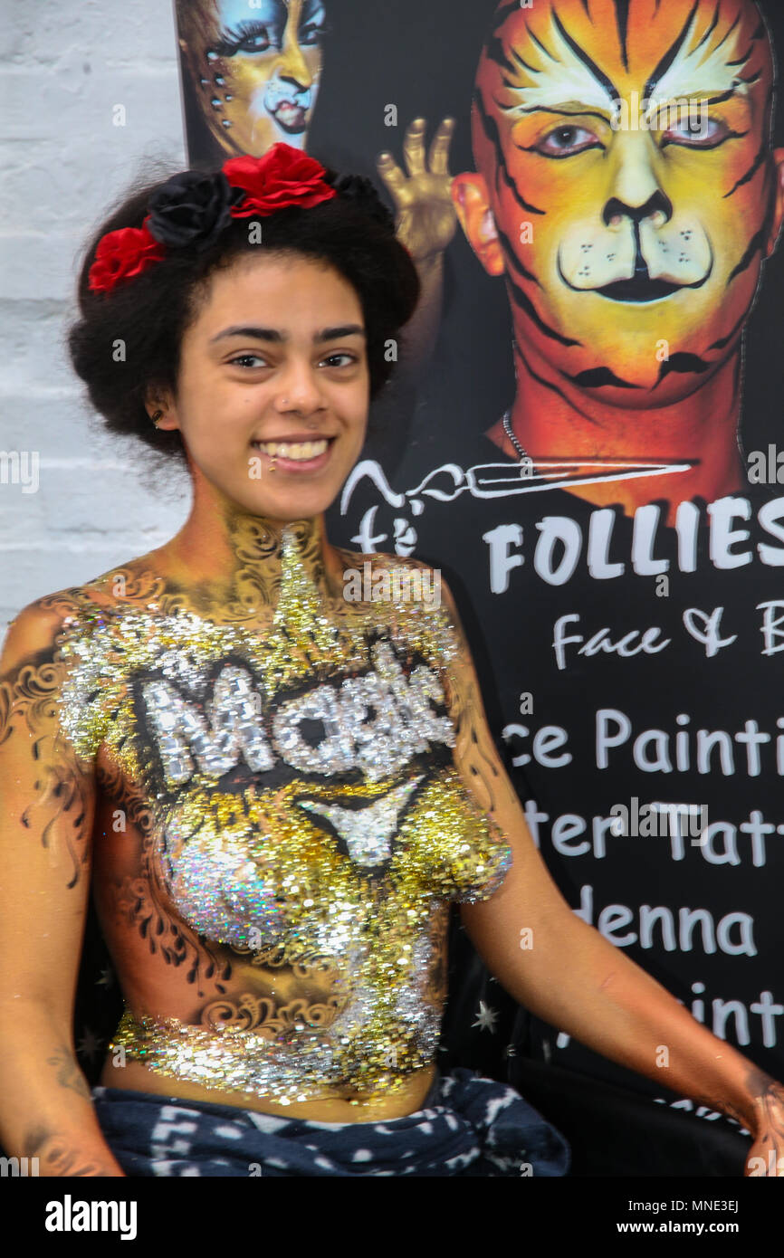 London, UK. 16th May, 2018. the Living Art Show Face, Body Painting and  Makeup Gallery and Jam Event took place in East London as part of the  Hackney Wick Wednesday initiative.The Living