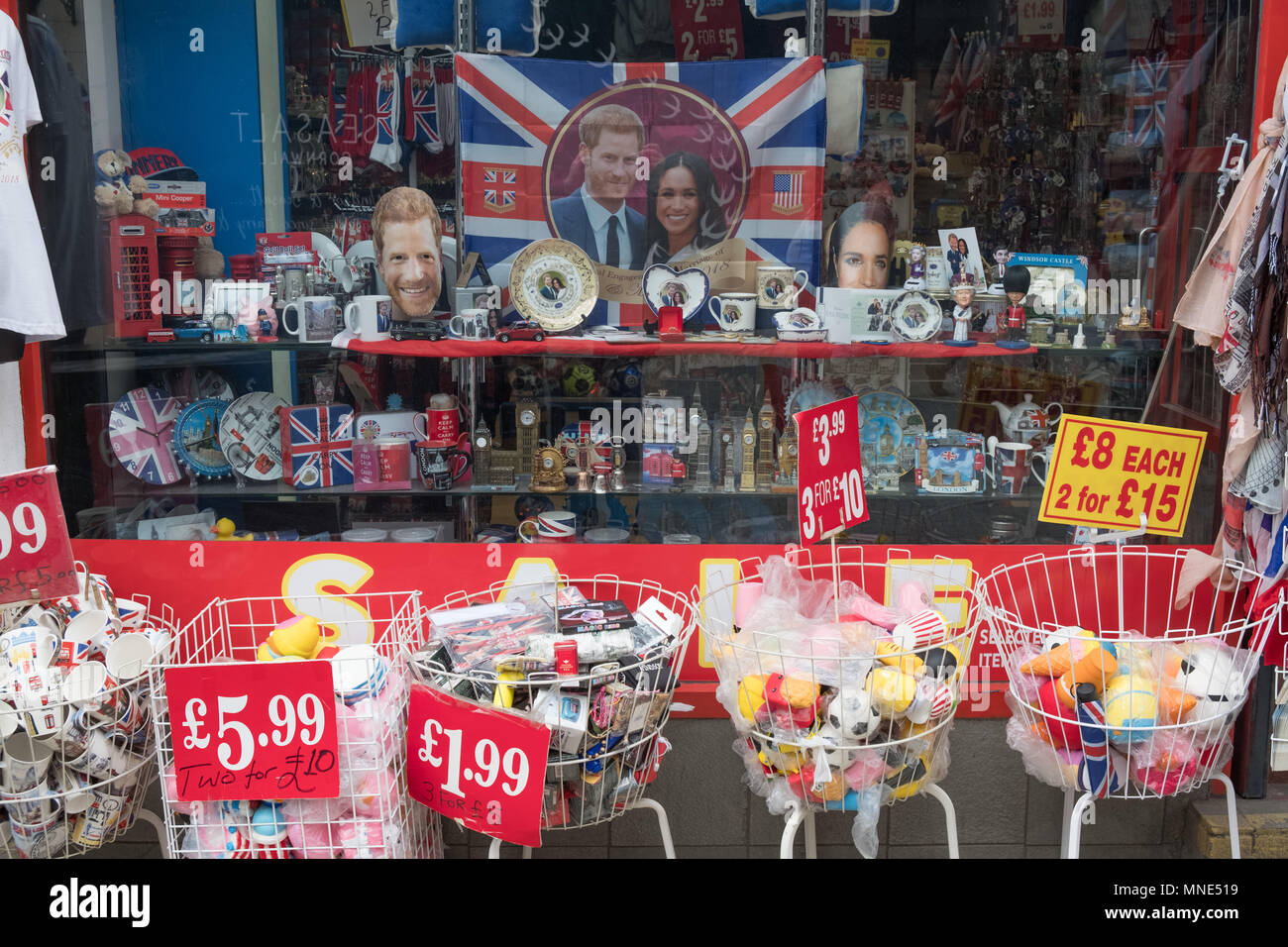 Royal Wedding preparations in Windsor town centre. Memorabila on sale in souvenir shop Stock Photo