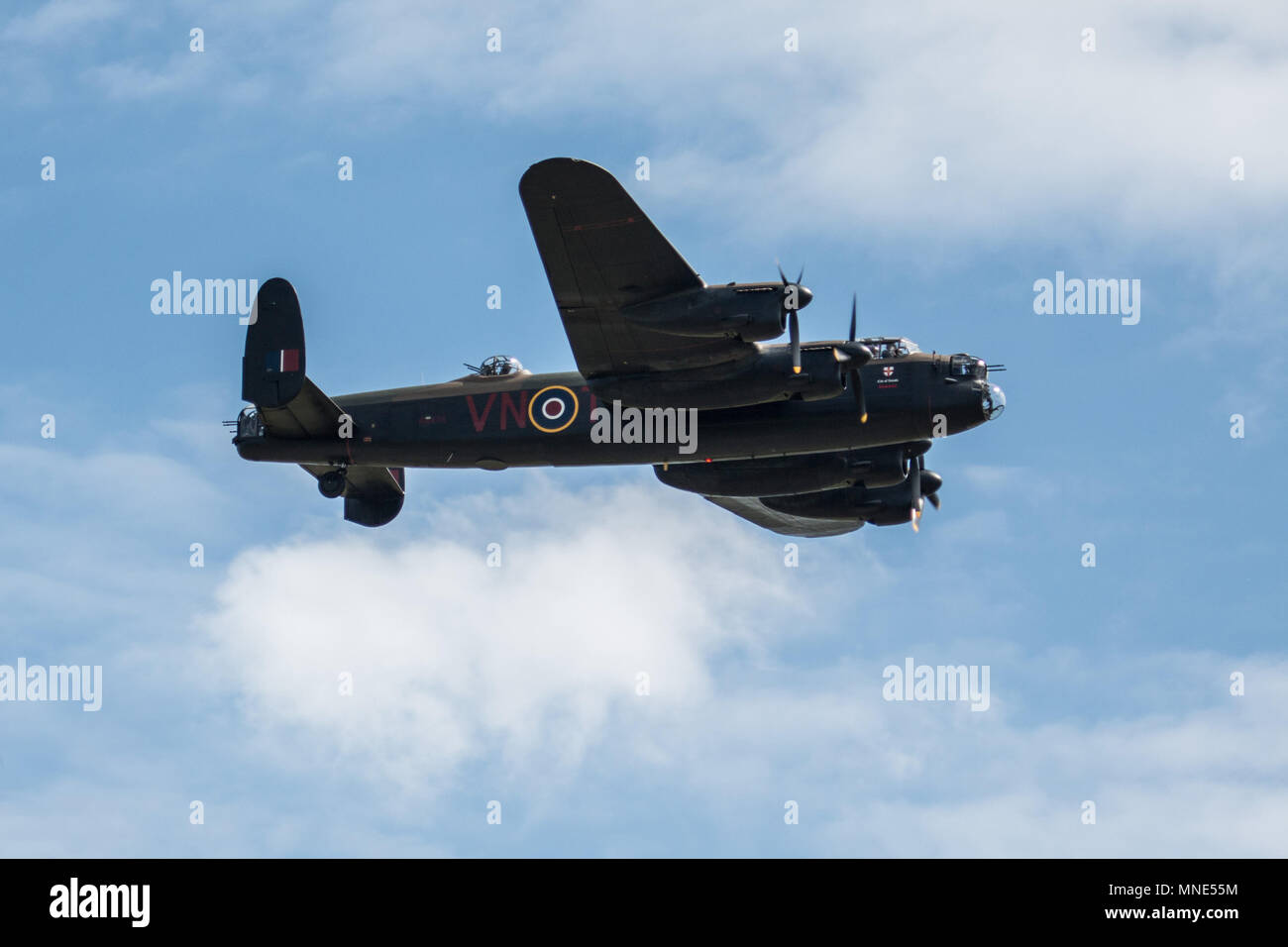 File Image:-RNAS Yeovilton, United Kingdom, 8th July 2017,   The Battle of Britain Memorial Flights Avro Lancaster PA 474 made her first public appearance at Yeovilton after her 9 months of Major Maintenance at Duxford where she has also received a new livery her port side is owns now adorned with the colours of 460 squadron Royal Australian Air Force  AR-L for Leader which flew from RAF Binbrook from 1943 until she was lost after being brought down by flack with the loss of her crew whilst attacking V-1 sites in France on the 3rd Auguat 1944, and a scheme representing an RAF Waddington based  Stock Photo