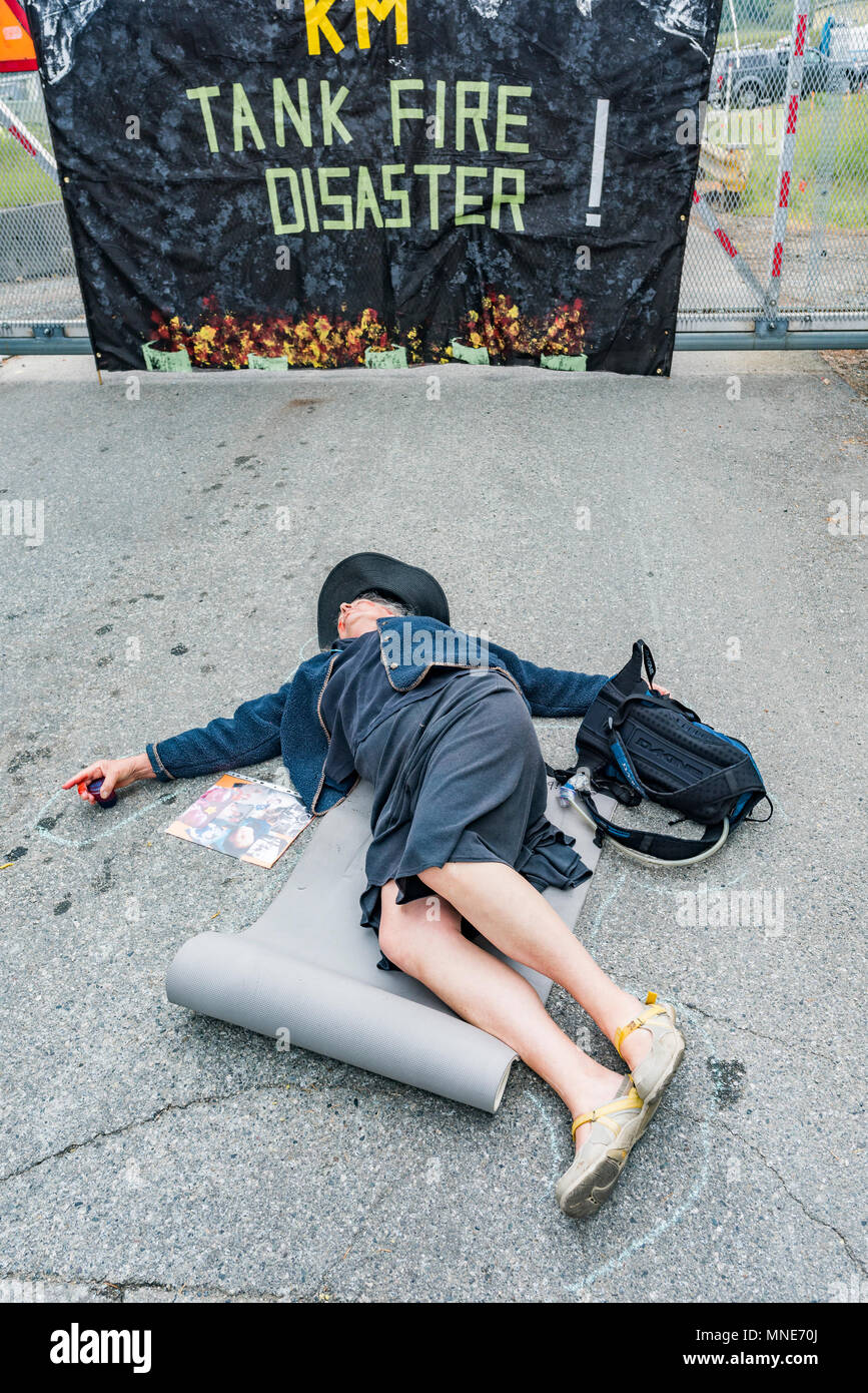 Burnaby Mountain, BC, Canada. 16th May, 2018. Kinder Morgan Trans Mountain Pipeline Gate Blockade Die In. Dozens of people breach the  5 metre injunction and simulate death by toxic fumes and fire, Burnaby Mountain, Burnaby, British Columbia, Canada. Credit: Michael Wheatley/Alamy Live News Stock Photo