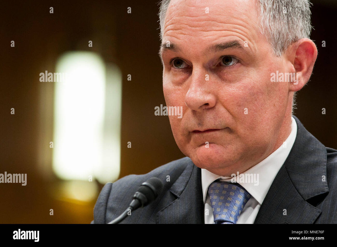 Washington DC, USA. 16th May, 2018. Scott Pruitt, Administrator of the Environmental Protection Agency (EPA), testifies before the Senate Interior, Environment and Related Agencies Appropriations Subcommittee during a hearing on the FY2019 Budget Request for the Environmental Protection Agency in Washington, D.C on May 16, 2018. Credit: Kristoffer Tripplaar/Alamy Live News Stock Photo