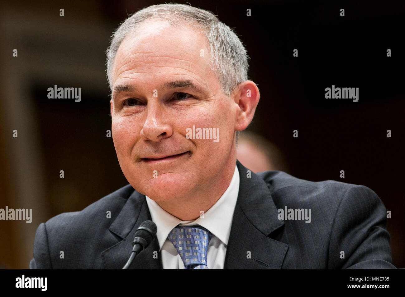 Washington DC, USA. 16th May, 2018. Scott Pruitt, Administrator of the Environmental Protection Agency (EPA), testifies before the Senate Interior, Environment and Related Agencies Appropriations Subcommittee during a hearing on the FY2019 Budget Request for the Environmental Protection Agency in Washington, D.C on May 16, 2018. Credit: Kristoffer Tripplaar/Alamy Live News Stock Photo