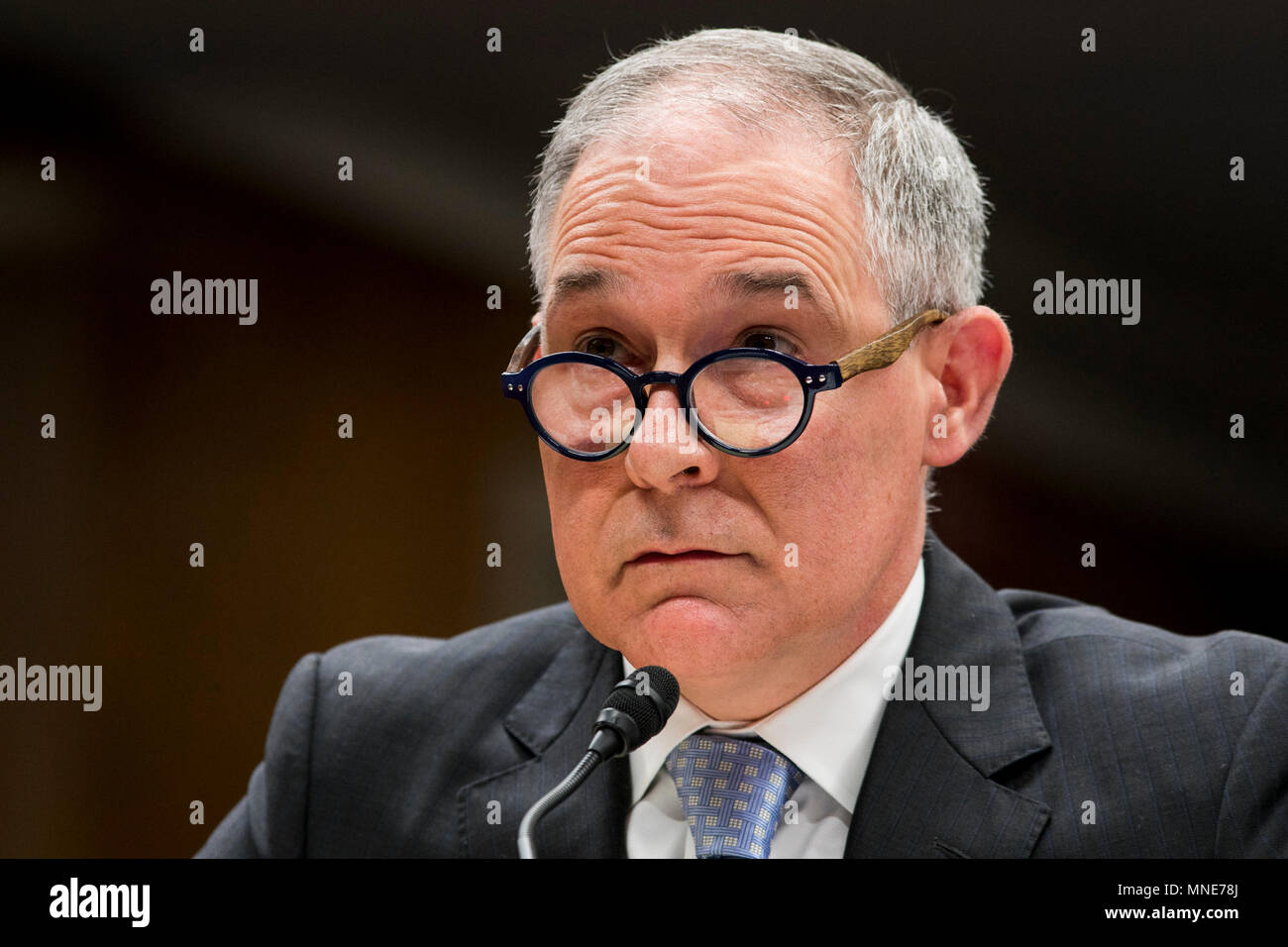 Washington DC, USA. 16th May, 2018. Scott Pruitt, Administrator of the Environmental Protection Agency (EPA), testifies before the Senate Interior, Environment and Related Agencies Appropriations Subcommittee during a hearing on the FY2019 Budget Request for the Environmental Protection Agency in Washington, D.C on May 16, 2018. Credit: Kristoffer Tripplaar/Alamy Live News Stock Photo