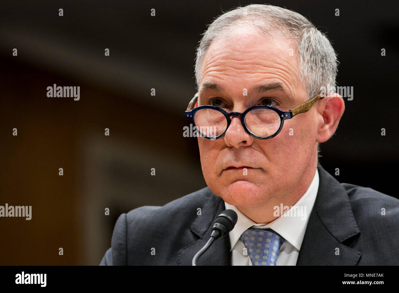 Washington DC, USA. 16th May, 2018. Scott Pruitt, Administrator of the Environmental Protection Agency (EPA), testifies before the Senate Interior, Environment and Related Agencies Appropriations Subcommittee during a hearing on the FY2019 Budget Request for the Environmental Protection Agency in Washington, D.C on May 16, 2018. Credit: Kristoffer Tripplaar/Alamy Live News Stock Photo