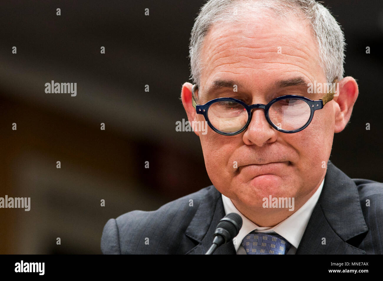 Washington DC, USA. 16th May, 2018. Scott Pruitt, Administrator of the Environmental Protection Agency (EPA), testifies before the Senate Interior, Environment and Related Agencies Appropriations Subcommittee during a hearing on the FY2019 Budget Request for the Environmental Protection Agency in Washington, D.C on May 16, 2018. Credit: Kristoffer Tripplaar/Alamy Live News Stock Photo