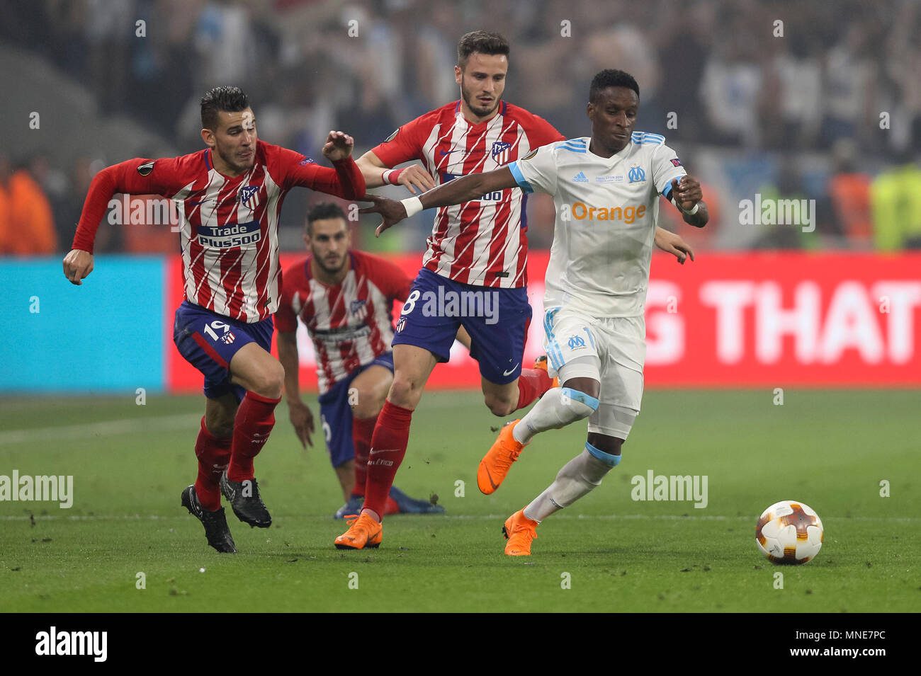 Lyon, France. 16th May, 2018. Lucas Hernandez of Atletico Madrid, Saul Niguez of Atletico Madrid and Bouna Sarr of Marseille during the UEFA Europa League Final match between Marseille and Atletico Madrid at Parc Olympique Lyonnais on May 16th 2018 in Lyon, France. Credit: PHC Images/Alamy Live News Stock Photo