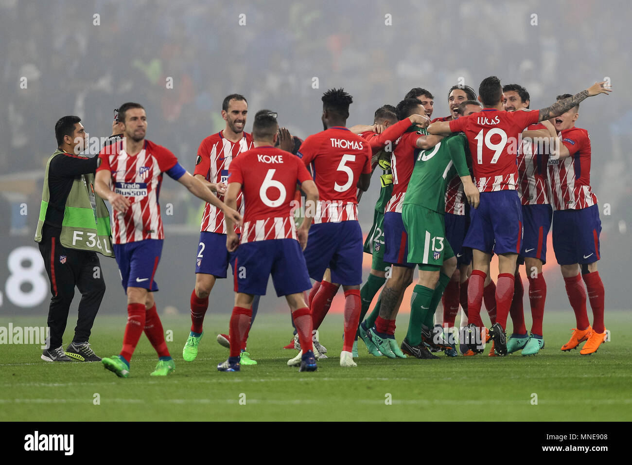 Atletico Madrid Celebrate After Winning The Uefa Europa League Final Match Between Marseille And Atletico Madrid At Parc Olympique Lyonnais On May 16th 2018 In Lyon France Photo By Daniel Chesterton Phcimages Com Stock