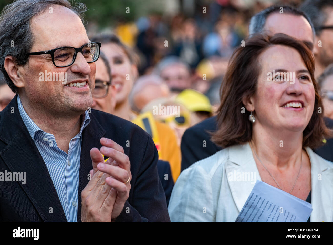 President Qim Torra is seen next to Elisenda Paluzier, president of ANC. Act of protest to request the release of political prisoners Jordi Sànchez and Jordi Cuixart who have been in prison for seven months. It is the circumstance that it has been the first act in Catalonia of the president-elect of the Generalitat Qim Torra who has attended the rally. Stock Photo