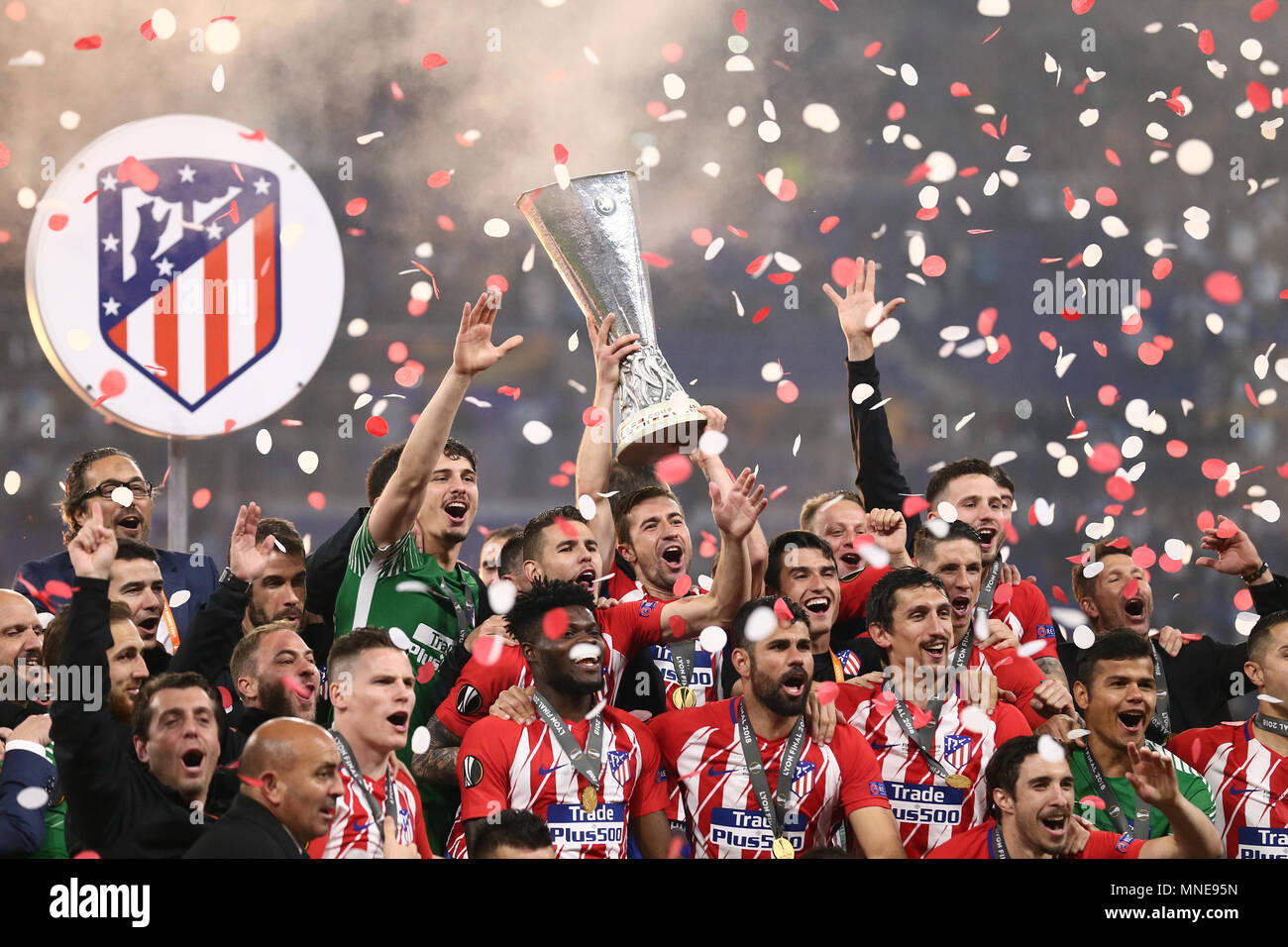 Gabi of Atletico Madrid lifts the trophy with Atletico Madrid team during the UEFA Europa League Final match between Marseille and Atletico Madrid at Parc Olympique Lyonnais on May 16th 2018 in Lyon, France. (Photo by Leila Coker/phcimages.com) Stock Photo