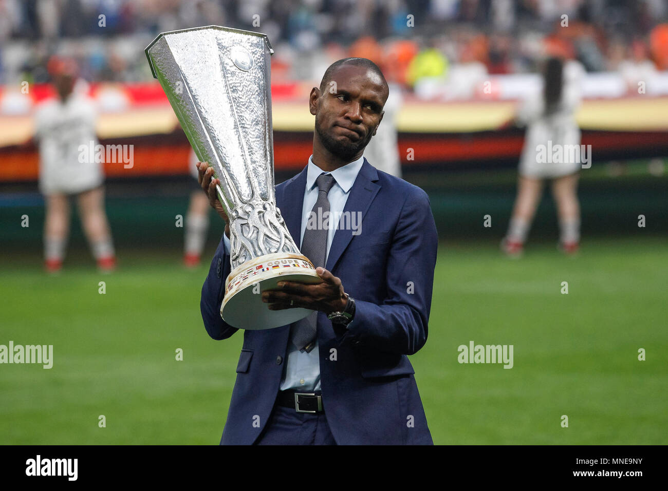 Eric Abidal brings the Europa League trophy out before the UEFA Europa League Final match between Marseille and Atletico Madrid at Parc Olympique Lyonnais on May 16th 2018 in Lyon, France. (Photo by Daniel Chesterton/phcimages.com) Stock Photo