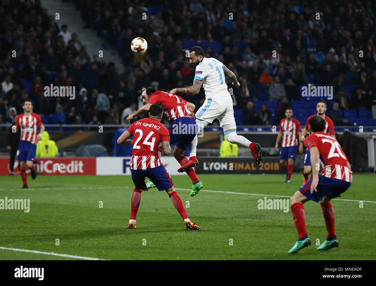 Kostas Mitroglou of Marseille attempt on goal during the UEFA Europa League Final match between Marseille and Atletico Madrid at Parc Olympique Lyonnais on May 16th 2018 in Lyon, France. (Photo by Leila Coker/phcimages.com) Stock Photo