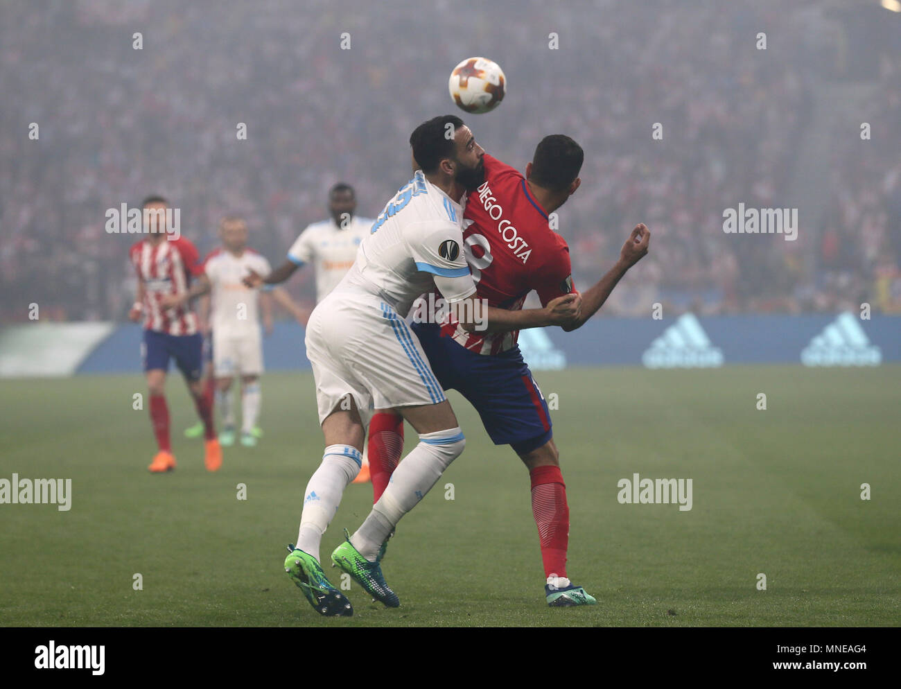Diego Costa of Atletico Madrid and Adil Rami of Marseille during the UEFA Europa League Final match between Marseille and Atletico Madrid at Parc Olympique Lyonnais on May 16th 2018 in Lyon, France. (Photo by Leila Coker/phcimages.com) Stock Photo