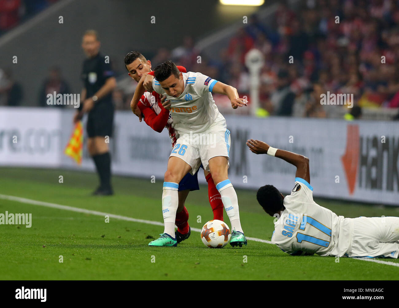 Florian Thauvin of Marseille and Kostas Mitroglou of Marseille during the UEFA Europa League Final match between Marseille and Atletico Madrid at Parc Olympique Lyonnais on May 16th 2018 in Lyon, France. (Photo by Leila Coker/phcimages.com) Stock Photo