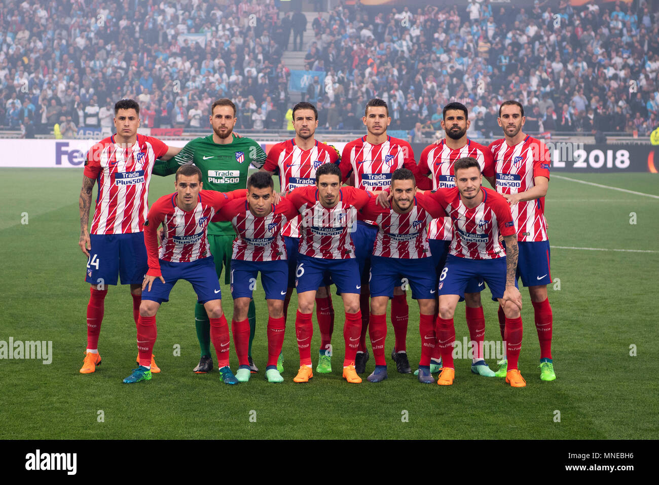 Jose Maria Gimenez de Vargas, Jan Oblak, Gabi Fernandez Arenas, Lucas Francois Bernard Hernandez Pi, Diego da Silva Costa, Diego Roberto Godin Leal, Antoine Griezmann, Angel Martin Correa Martinez, Sime Vrsaljko, Koke Jorge Resurreccion Merodio, Saul Niguez Esclapez, Team of Atletico de Madrid during the Uefa 'Europa League' Final, match between Olympique de Marseille 0-3 Atletico de Madrid at Stade de Lyon on May 16, 2018 in Lyon, Italy. Credit: Maurizio Borsari/AFLO/Alamy Live News Stock Photo