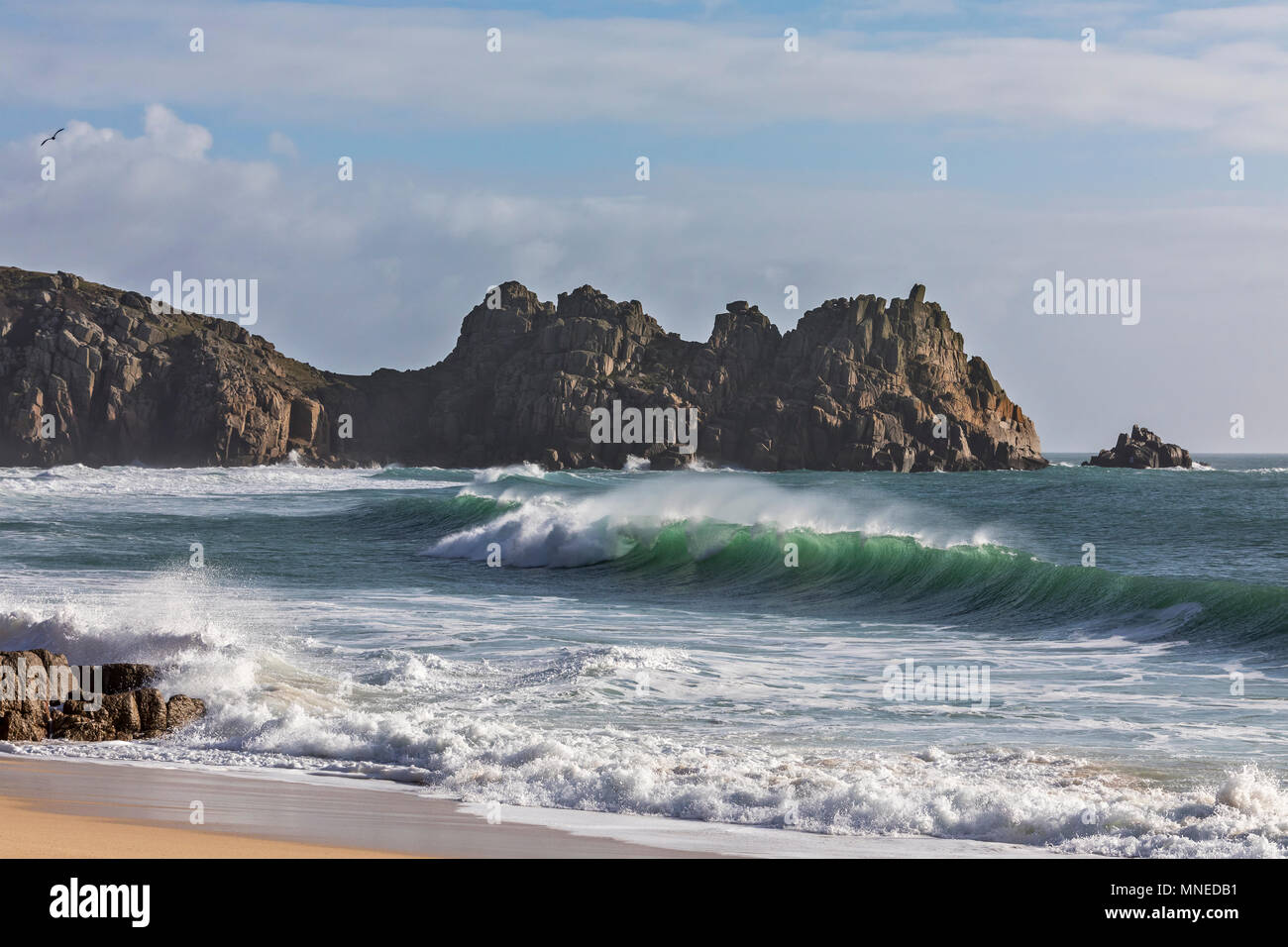 Porthcurno Rolling Waves Stock Photo