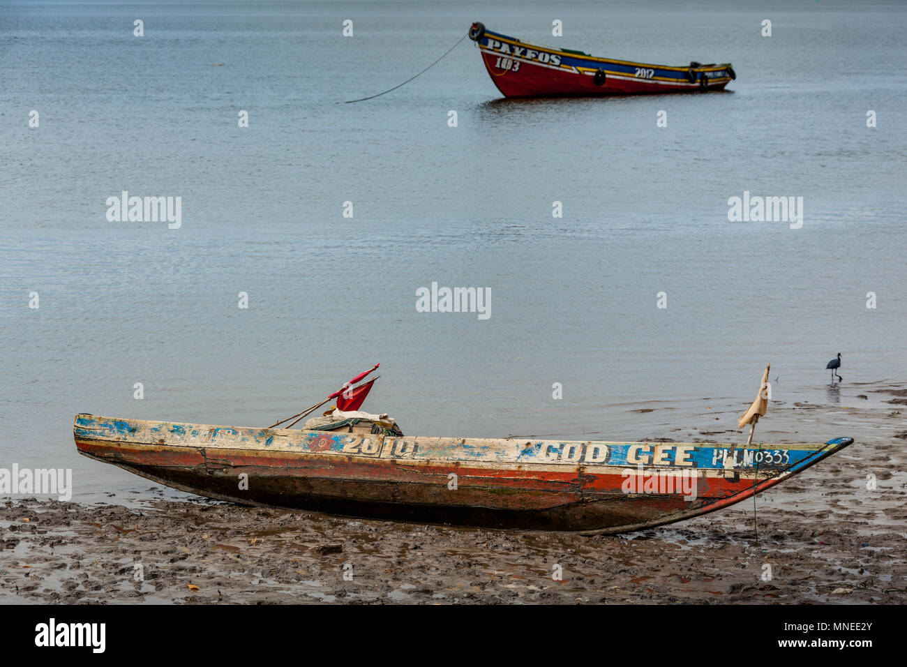 Bunce Island, Sierra Leone - June 02, 2013: West Africa, boats in the Bunce Island, was a British slave trading post in the 18th century. Sierra leone Stock Photo