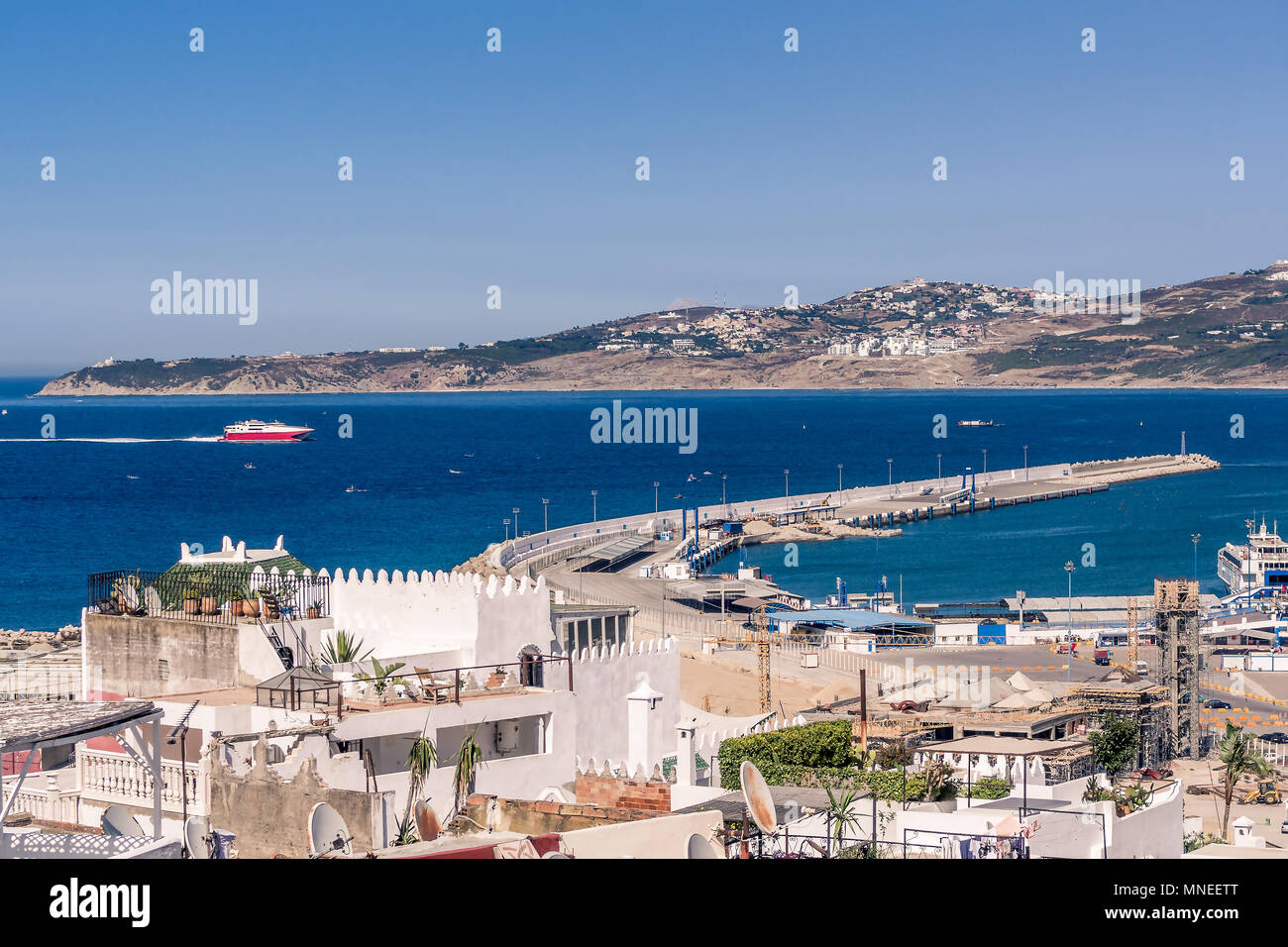 Ferry Arriving At The Port Of Tangier In Northern Morocco Stock Photo ferry-arriving-at-the-port-of-tangier-in-northern-morocco-stock-photo