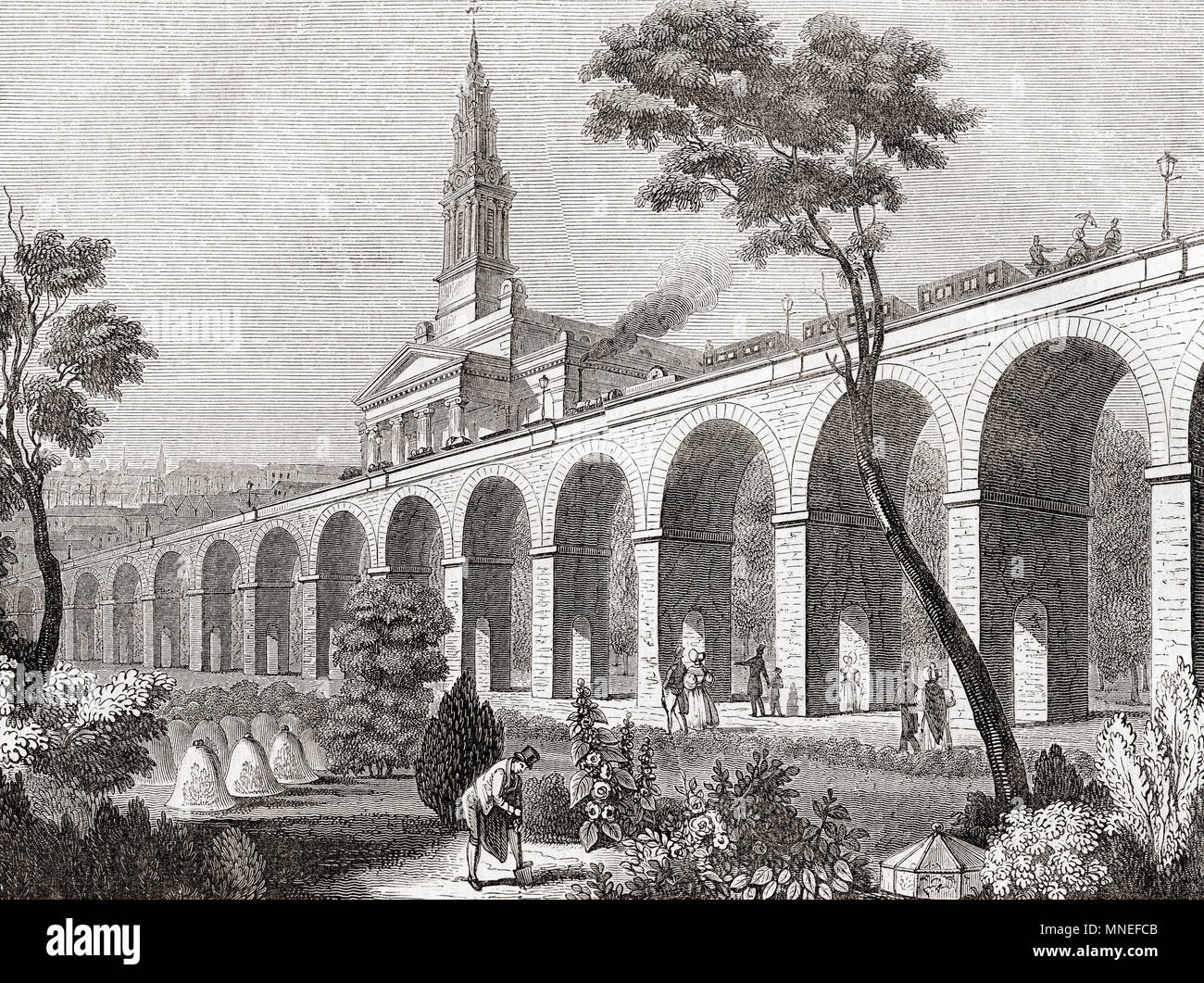 The London and Greenwich Railway (L&GR), opened in London, England between 1836 and 1838. It was the first steam railway in the capital, the first to be built specifically for passengers, and the first entirely elevated railway.  From Old England: A Pictorial Museum, published 1847. Stock Photo