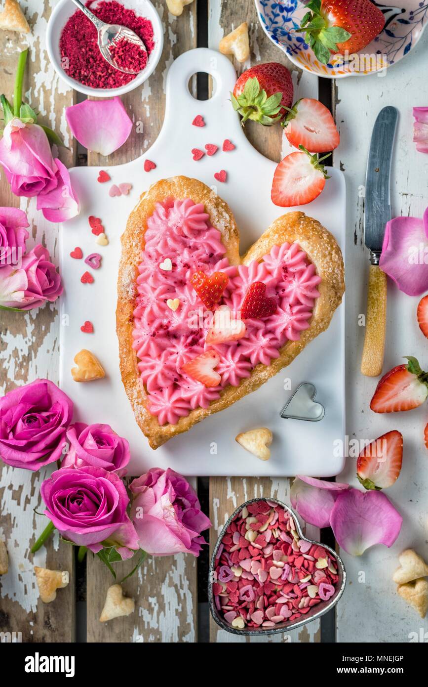 Valentine’s day puff pastry tart with rose pastry cream, strawberries