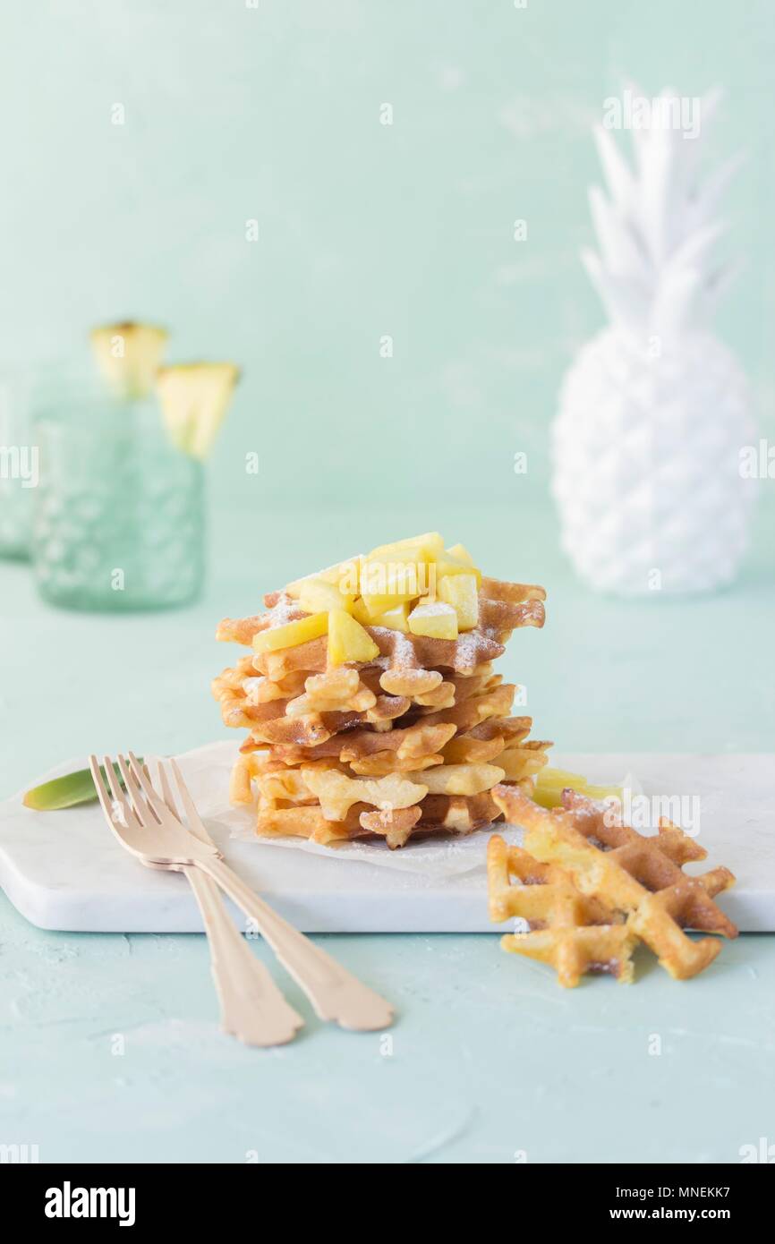 Buttermilk waffles with pineapple chunks Stock Photo