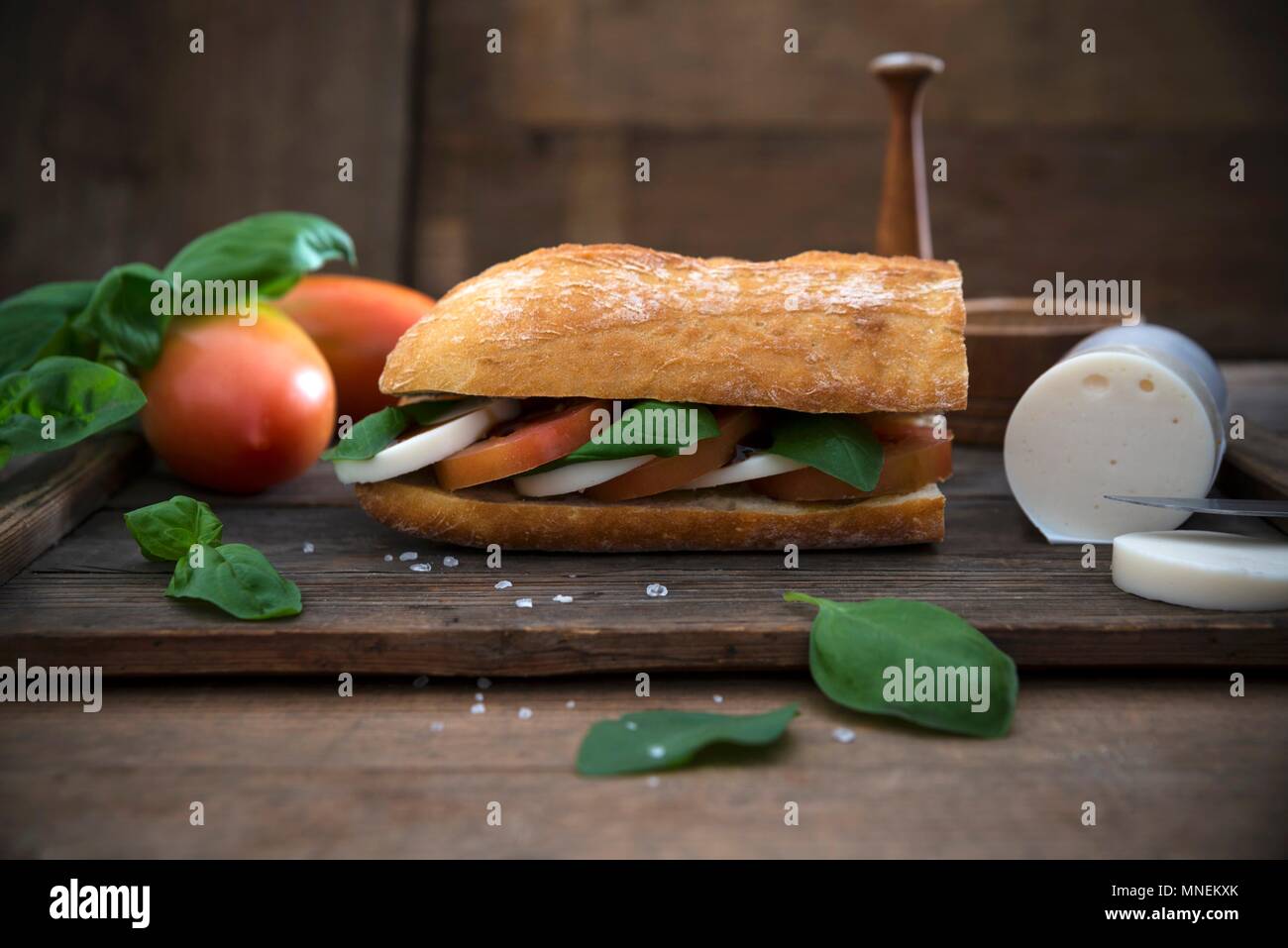 Ciabatta with basil, balsamic, tomatoes and vegan mozzarella Stock Photo