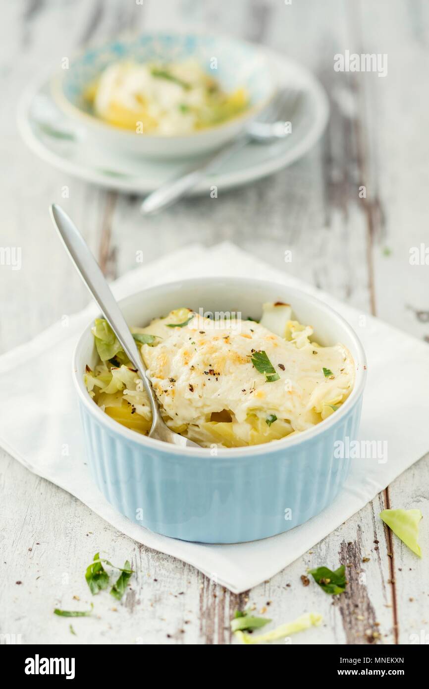 Potato and pointed cabbage gratin Stock Photo Alamy