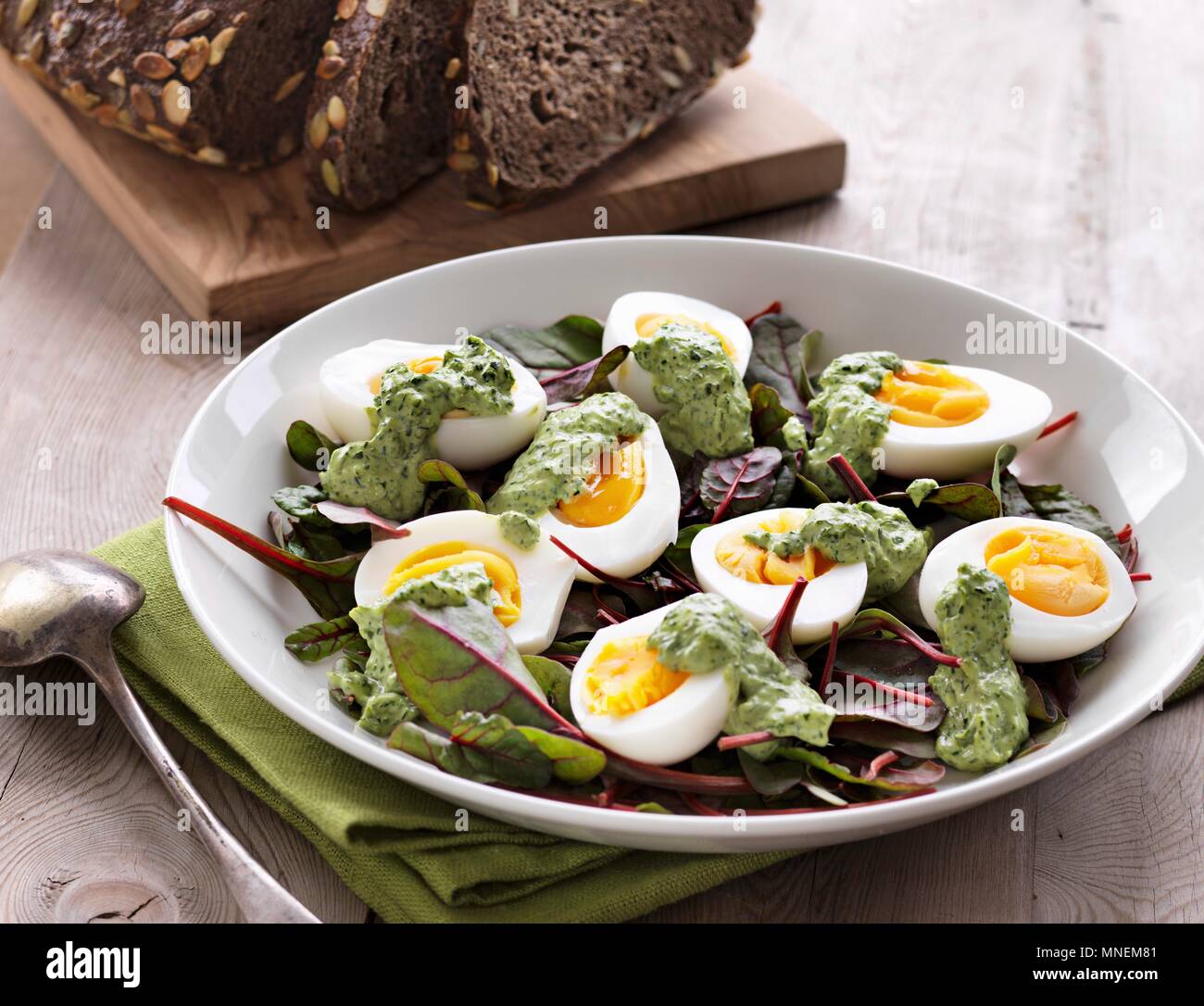 Boiled eggs with herb mayonnaise on lettuce Stock Photo