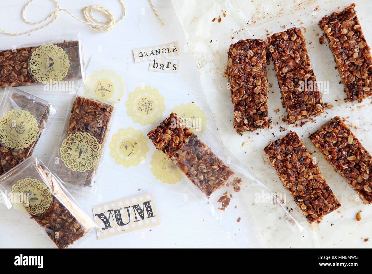 Homemade muesli bars in packaging Stock Photo Alamy