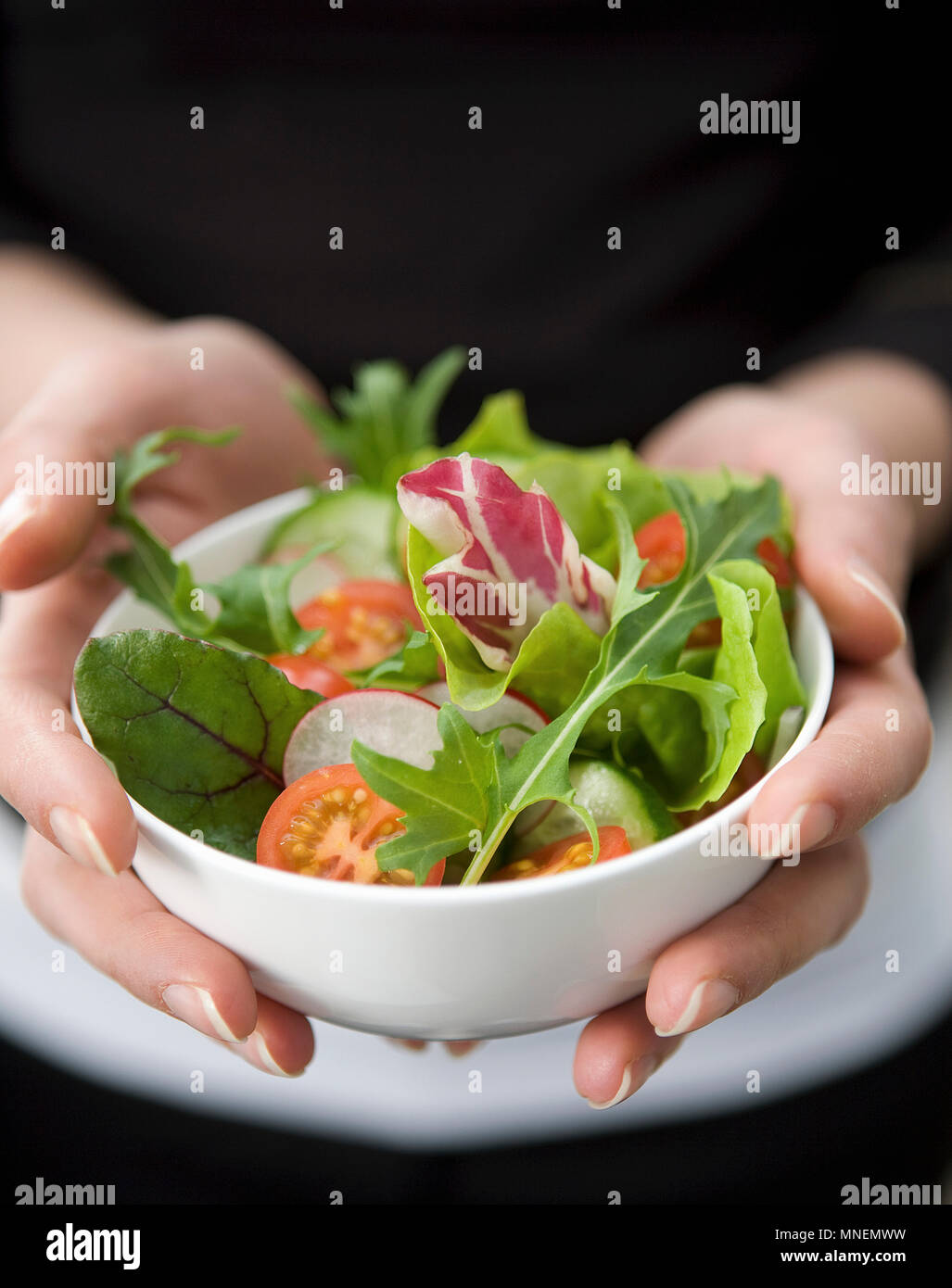 Hands holding a small white ball with mixed salad Stock Photo
