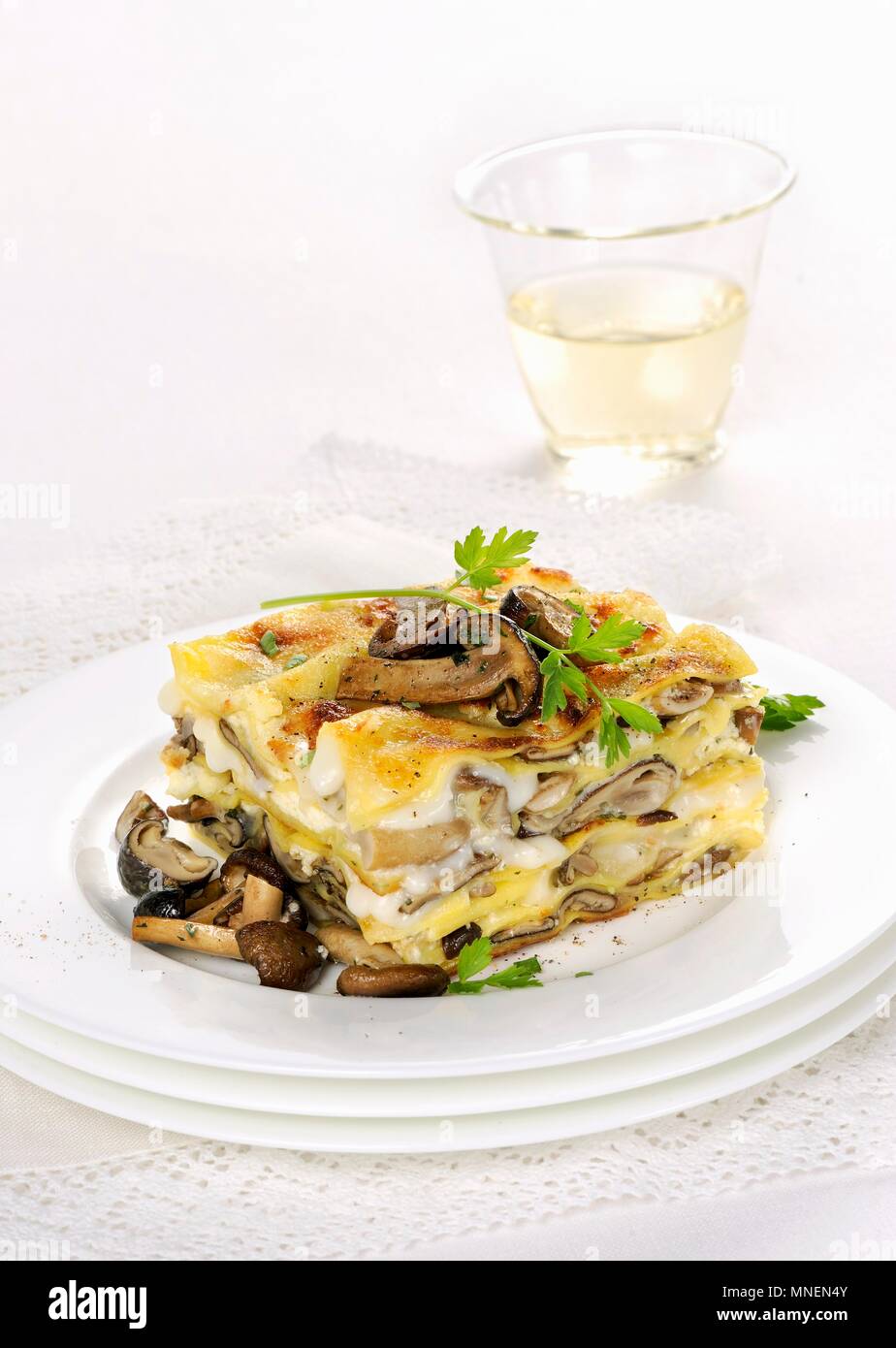 Mushroom lasagne with pioppini mushrooms Stock Photo
