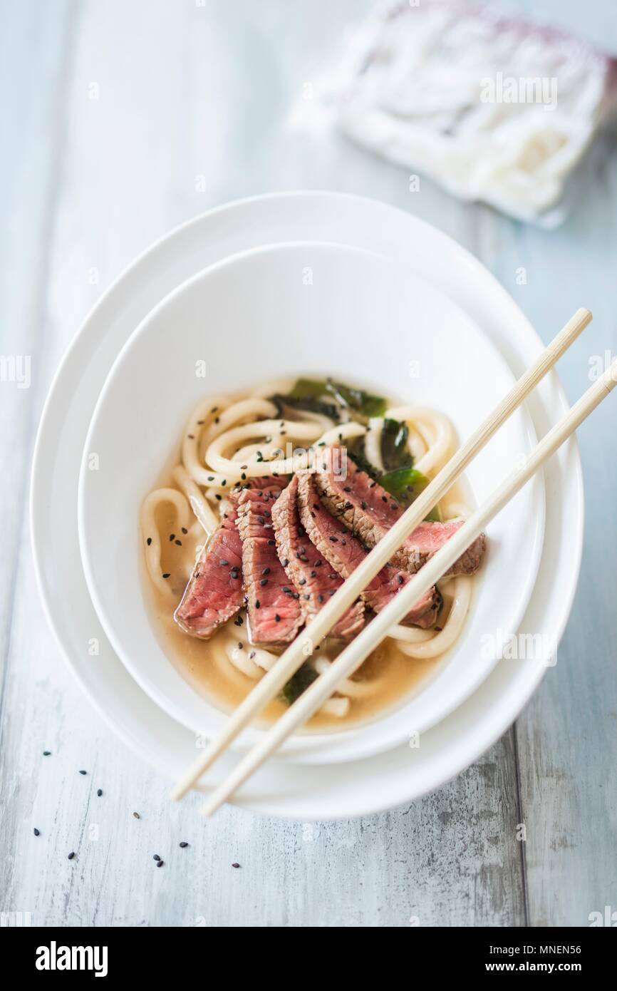 Udon soup with Wagyu (Japan) Stock Photo