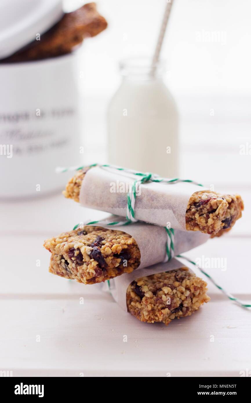 Three energy bars wrapped in paper Stock Photo