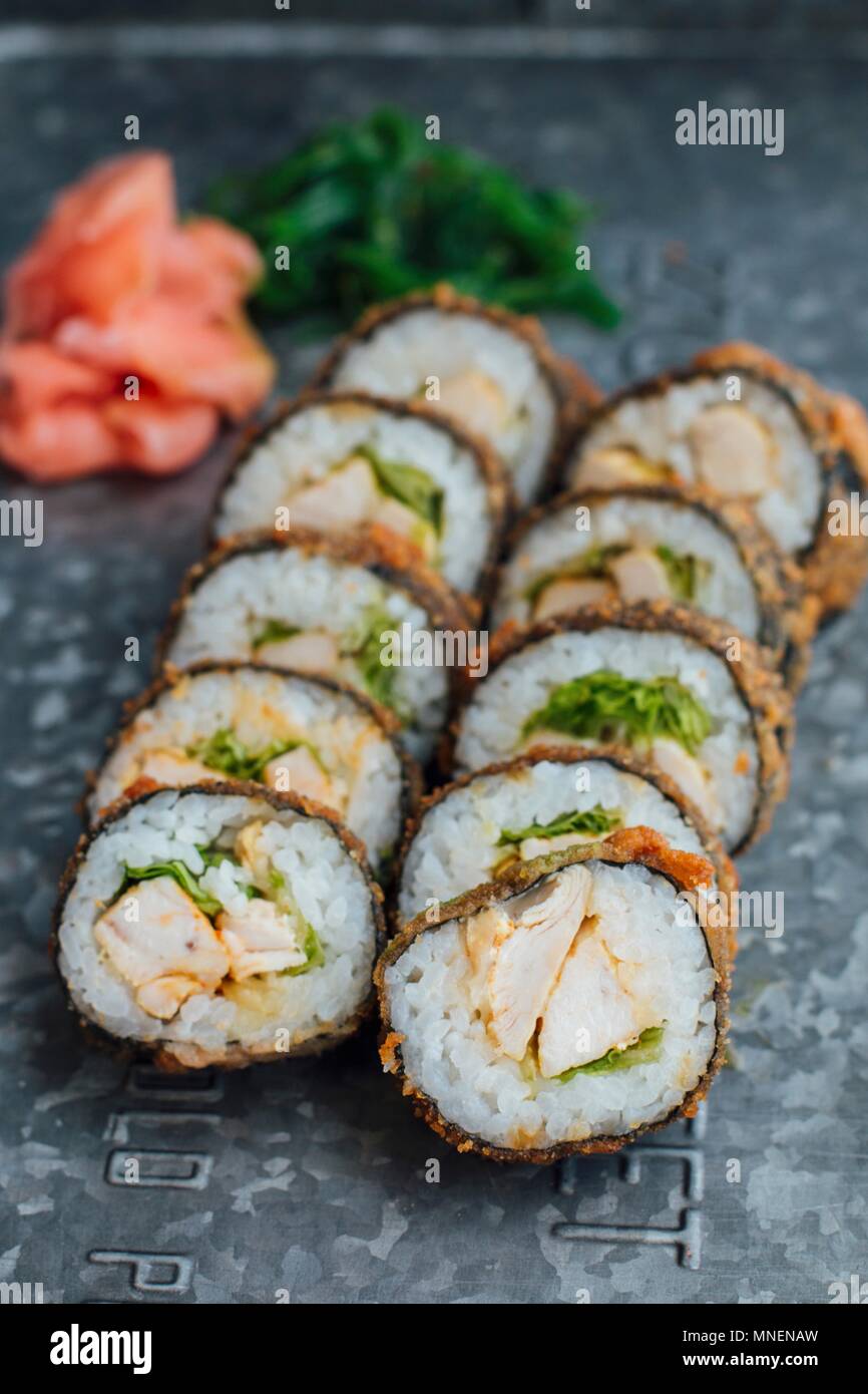 Tempura Sushi With Chicken And Lettuce Stock Photo Alamy