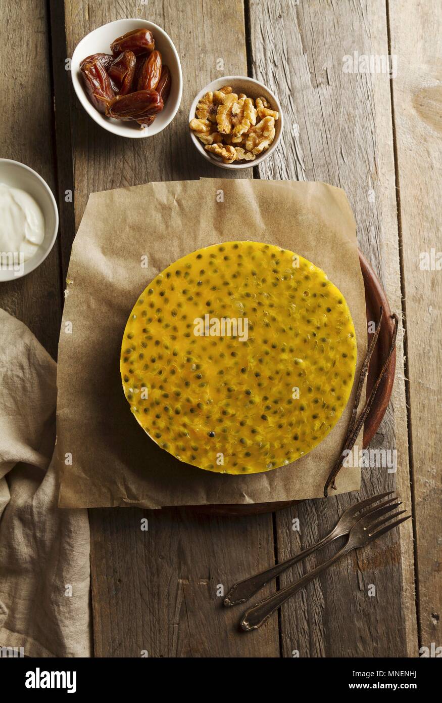 Mascarpone and Greek yoghurt cheesecake with a date and walnut base