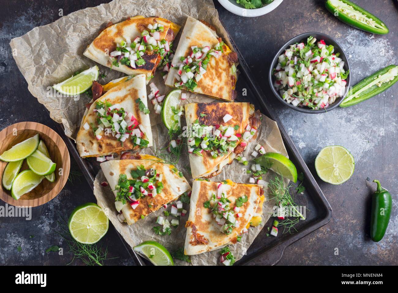 Quesadillas with fresh salsa Stock Photo