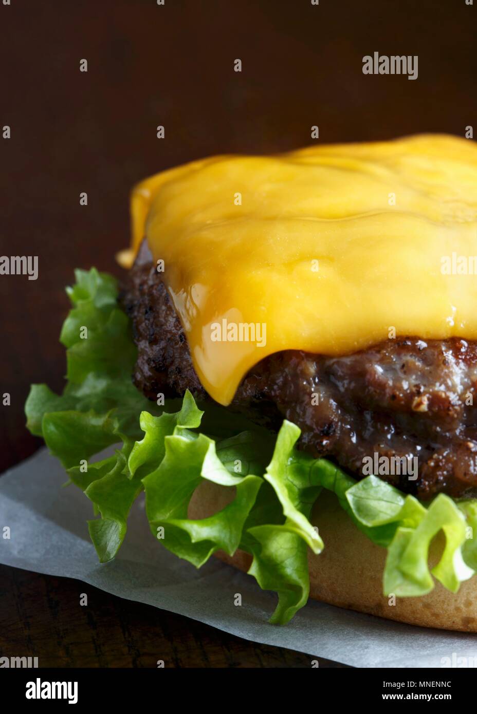 Grilled beef burger on a white bun with curly lettuce and melted