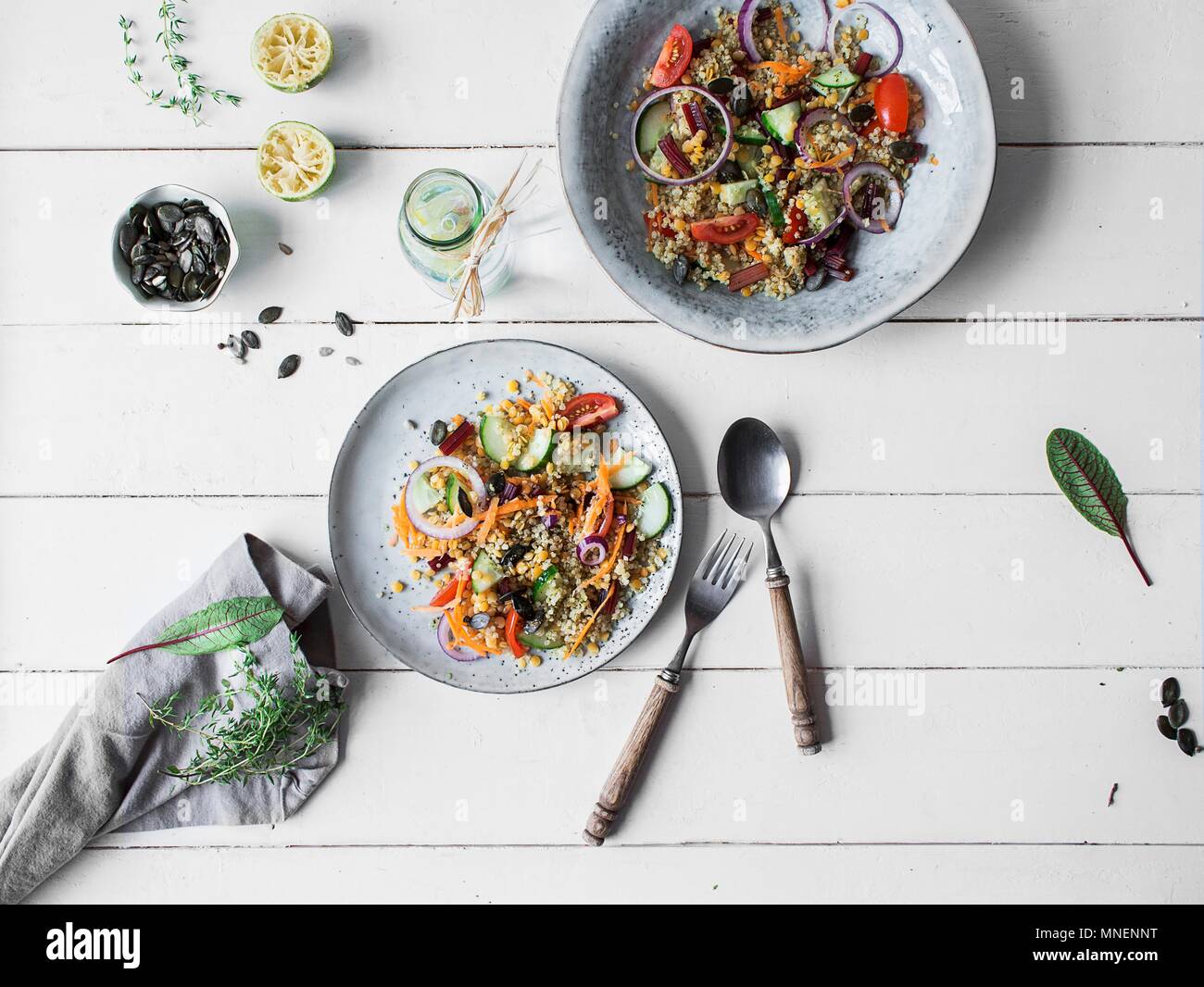 Healthy quinoa salad with fresh vegetables (seen from above) Stock Photo