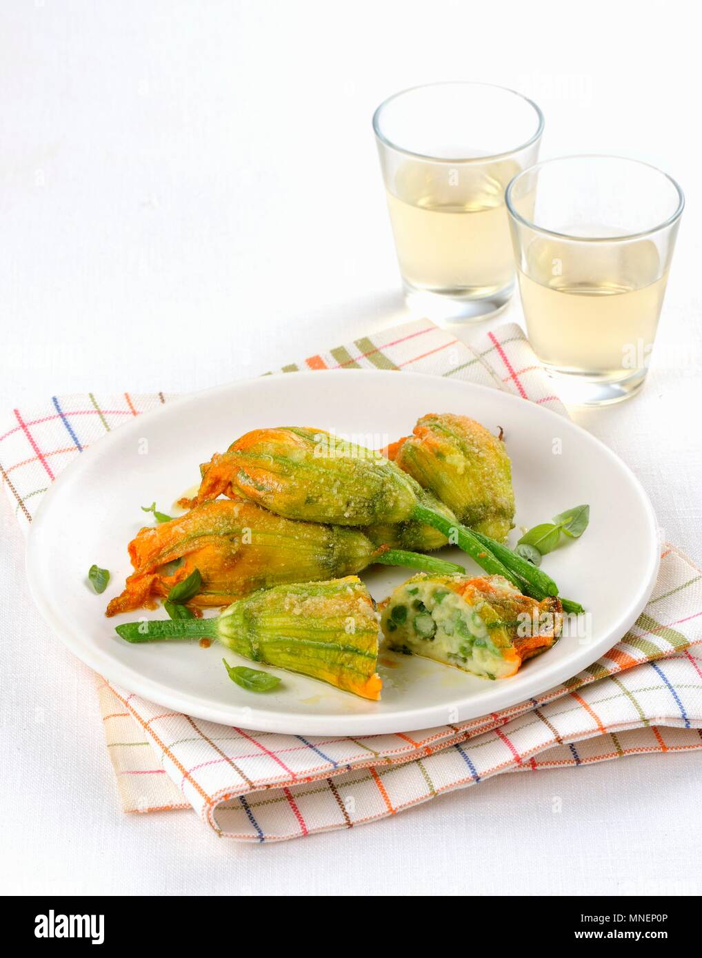 Courgette flowers with a vegetarian filling Stock Photo