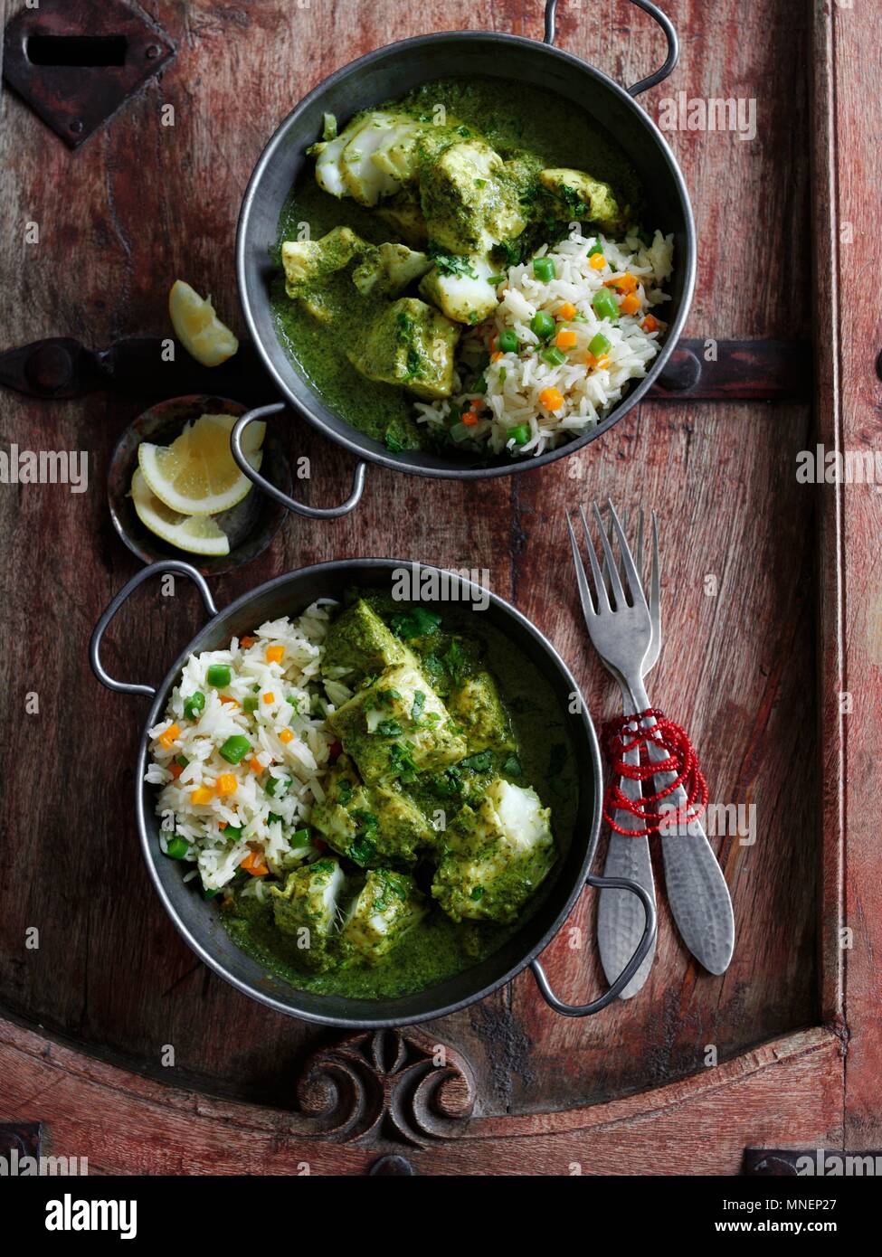 Green fish curry with rice Stock Photo