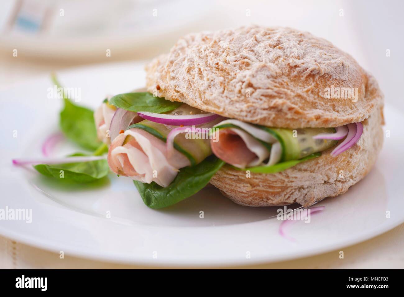 A sandwich filled with spinach, prosciutto, cucumber and onions Stock Photo